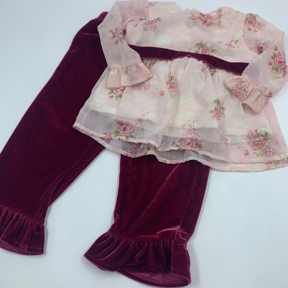 MiniBasix toddler girl 24 months outfit velvet ruffle pants floral top pink